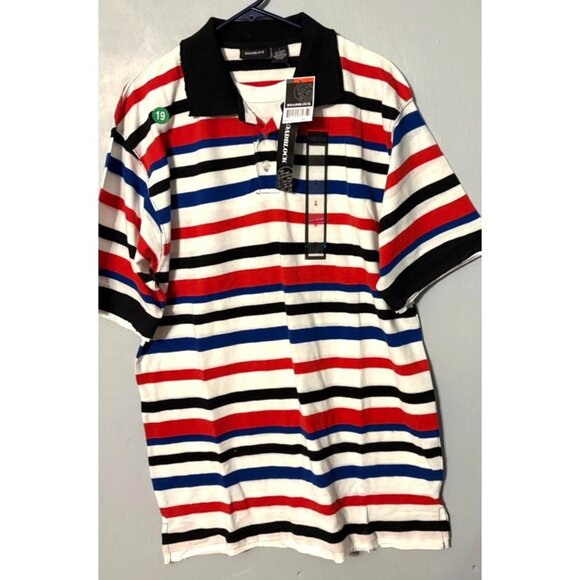 Roadblock Mens L Stripe Polo Shirt Red/Blue/Black/White Cotton Short Sleeve NWT - Picture 2 of 10